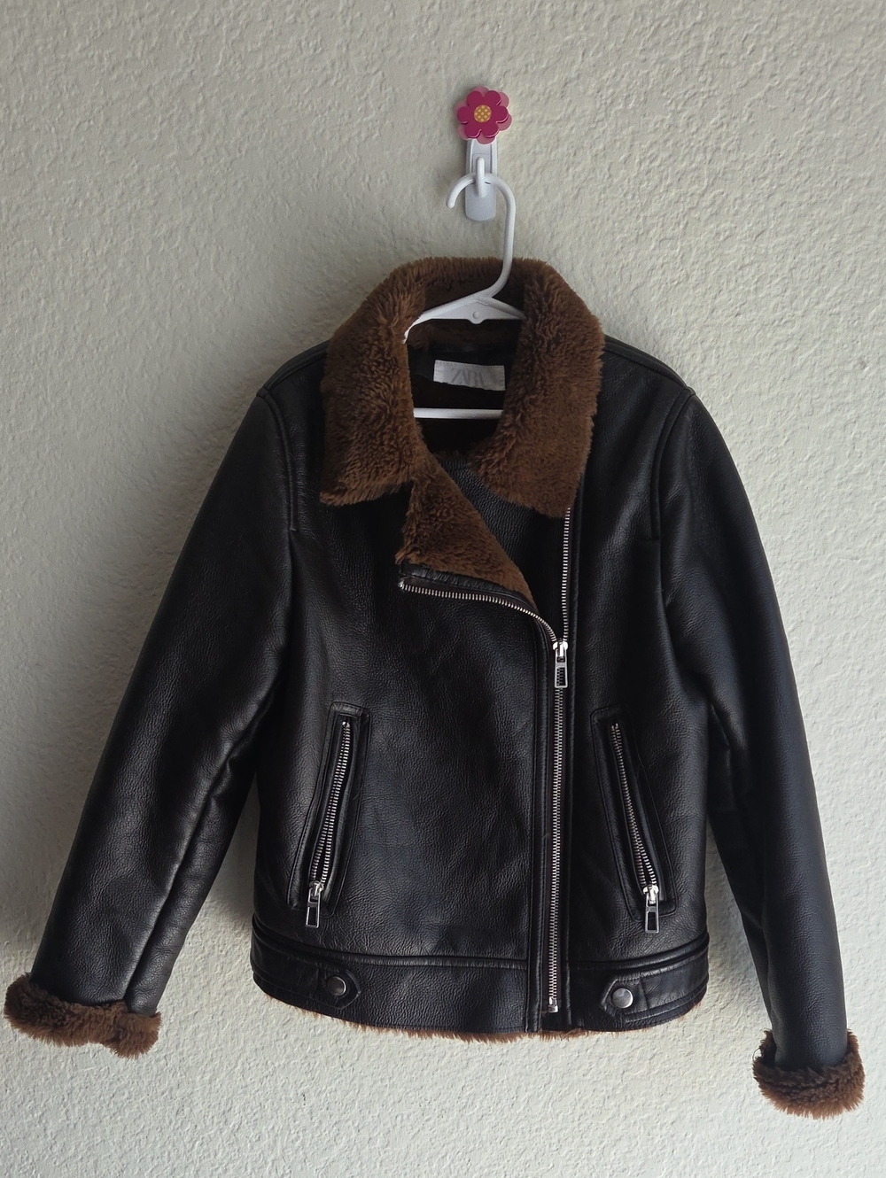 Zara Black Faux Leather Kids Jacket with Brown Shearling Trim